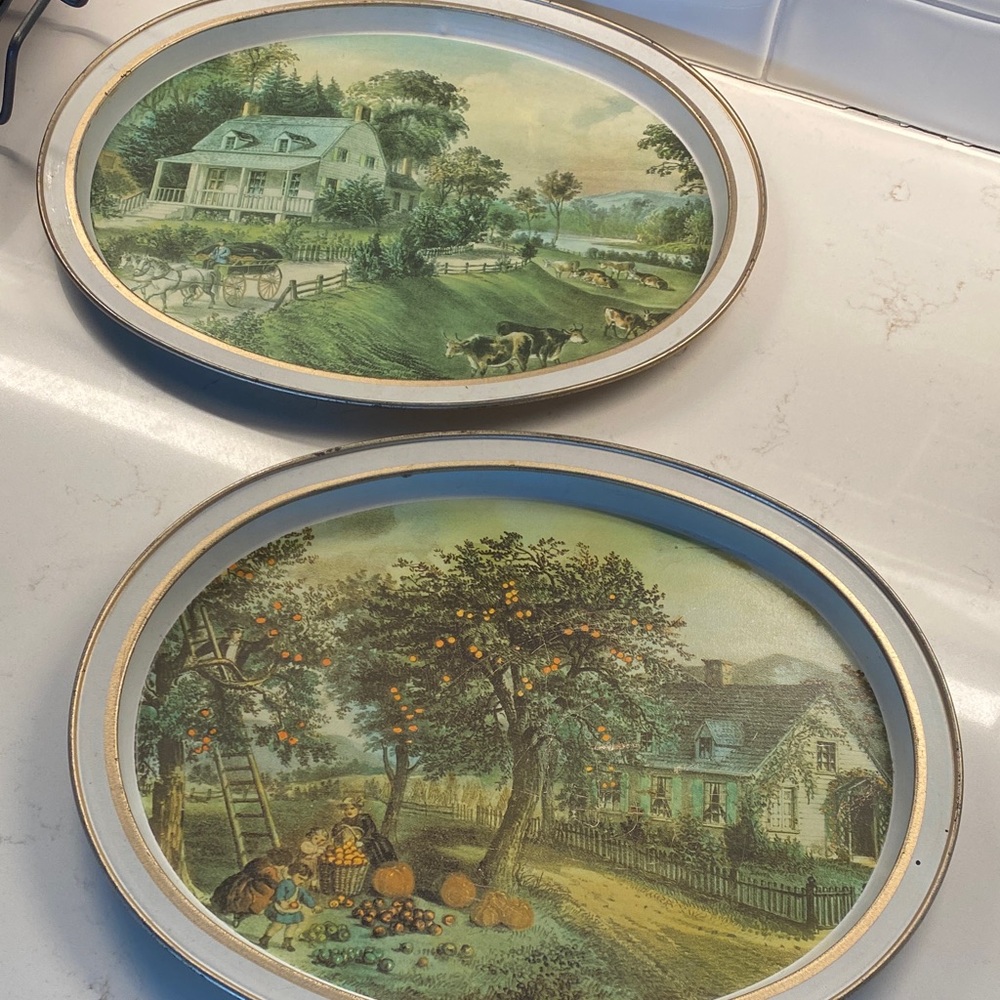 Vintage Currier and Ives Oval Decorative Tin Serving Trays Summer and Autumn